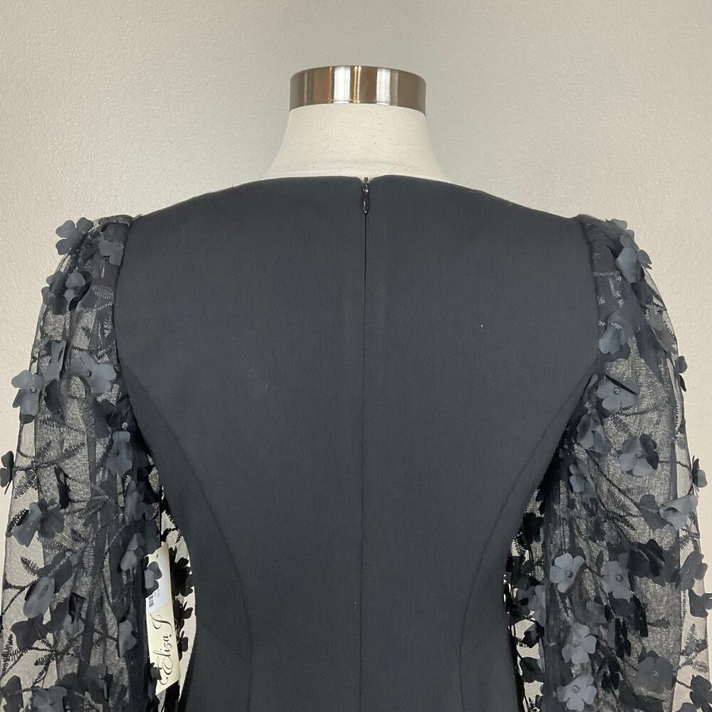 Eliza J Black Cocktail Dress Embroidered Floral Long Sleeve Midi Sheath Size 6 - Picture 9 of 13